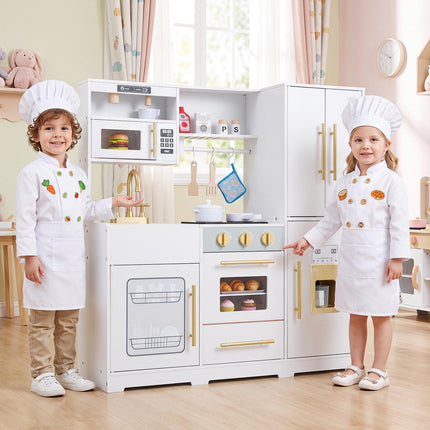 Wooden Play Kitchen for Kids with Lights and Sounds, Ice Dispenser, White
