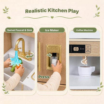Wooden Play Kitchen with Ice Maker and Coffee Maker, Natural-White, Ages 3+