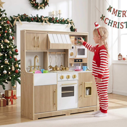 Wooden Play Kitchen with Ice Maker and Coffee Maker, Natural-White, Ages 3+