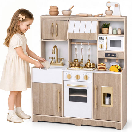 Wooden Play Kitchen with Ice Maker and Coffee Maker, Natural-White, Ages 3+