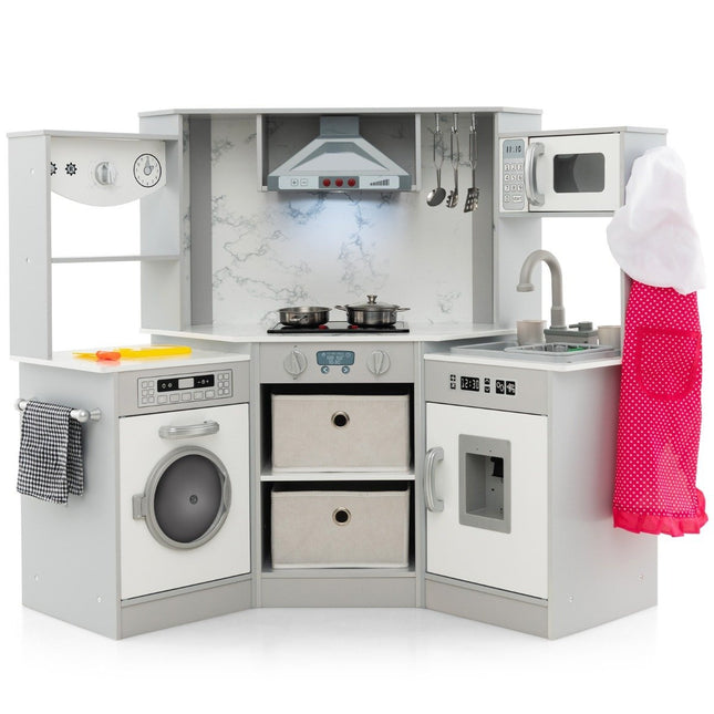 Wooden Play Kitchen with Light, Sound, Water Dispenser & Washer