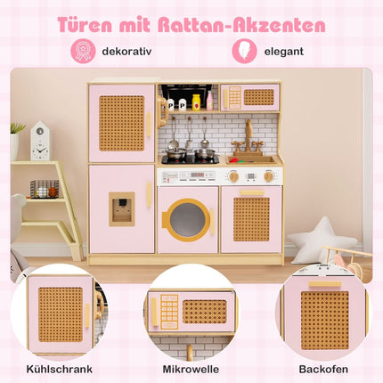 Dřevěná dětská kuchyňka s ratanovými dvířky, světlem a zvukem, růžová