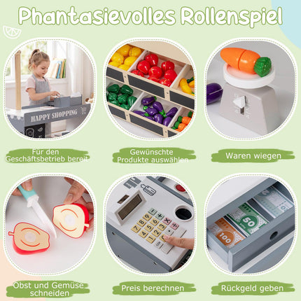 Dřevěný dětský obchod s nákupním vozíkem a pokladnou