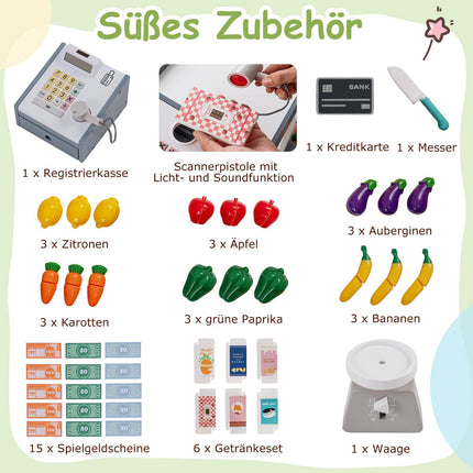 Dřevěný dětský obchod s nákupním vozíkem a pokladnou