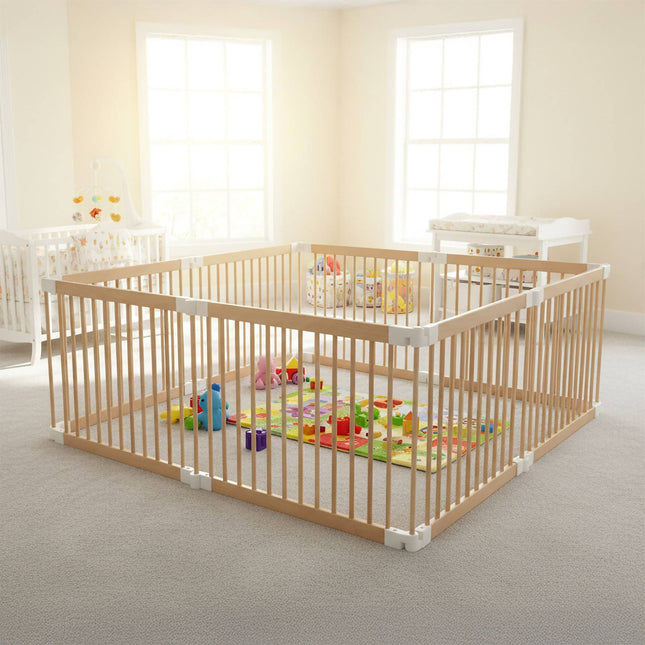 Wooden Playpen, Foldable, 8 Panels, Safe Play Area