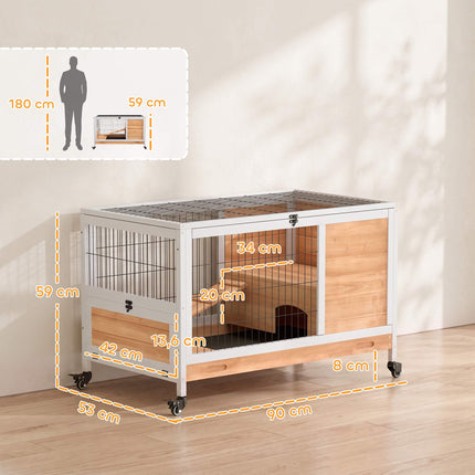 Wooden Rabbit Hutch with Wheels, 2 Levels, Yellow/White
