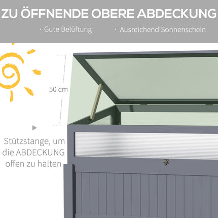 Vyvýšený dřevěný záhon s pařeništěm-skleníkem, šedá