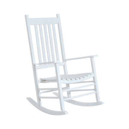 White wooden rocking chair with armrests for garden relaxation