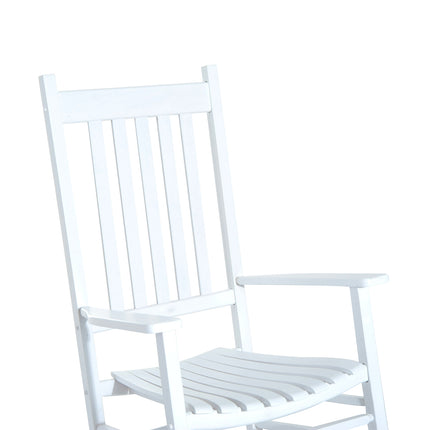 White wooden rocking chair with armrests for garden relaxation