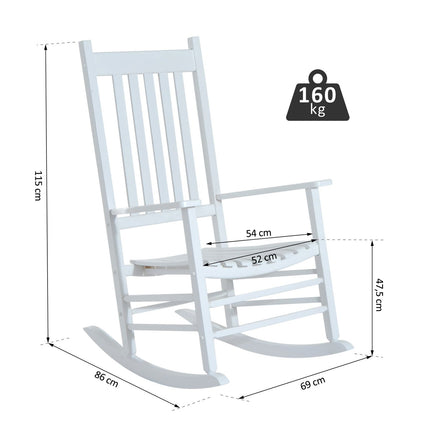 White wooden rocking chair with armrests for garden relaxation