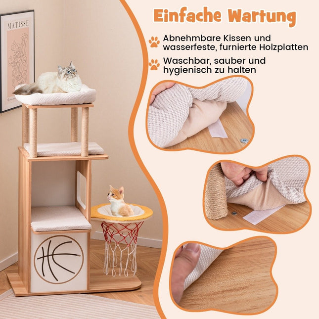 Wooden Scratching Post 120cm Sports Theme Climbing Tower with 2-Tier Cat House Natural