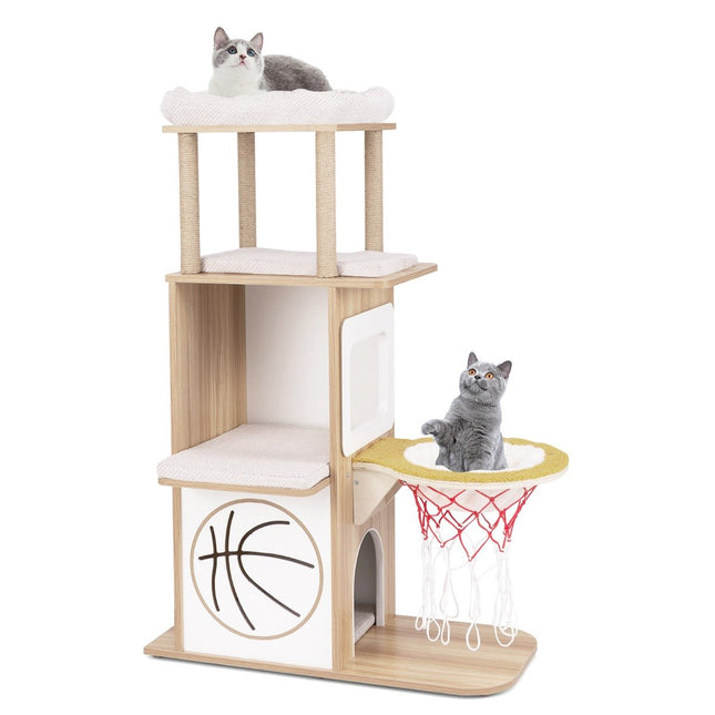 Wooden Scratching Post 120cm Sports Theme Climbing Tower with 2-Tier Cat House Natural