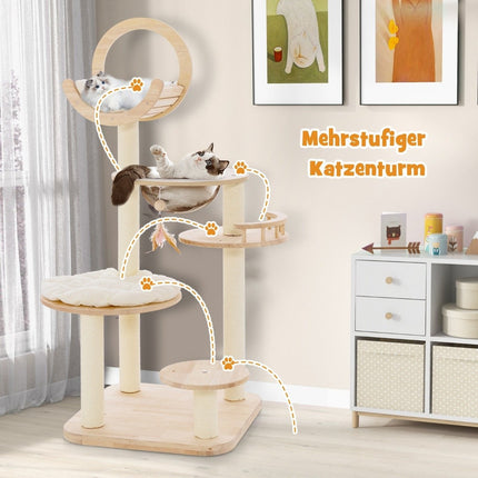Dřevěné škrabadlo 4 DIY tvary kočičí strom s plošinami, vesmírnou kapslí a sisalovými sloupky 60 x 60 x 146 cm, dubové dřevo, béžové