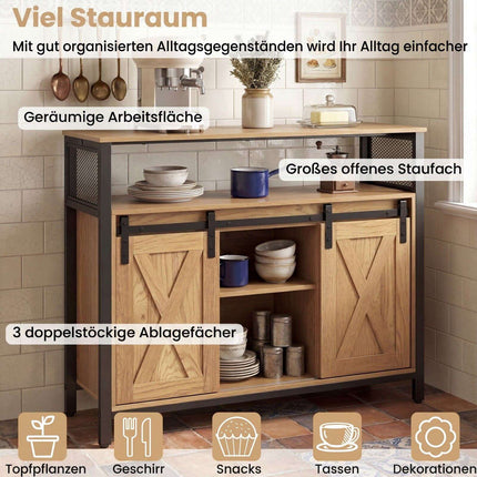 Wooden Sideboard with Metal Frame, Sliding Doors & Shelves