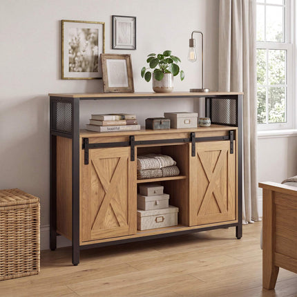 Wooden Sideboard with Metal Frame, Sliding Doors & Shelves