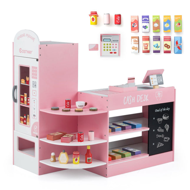Dřevěný dětský supermarket, pokladna, prodejní automat, růžový