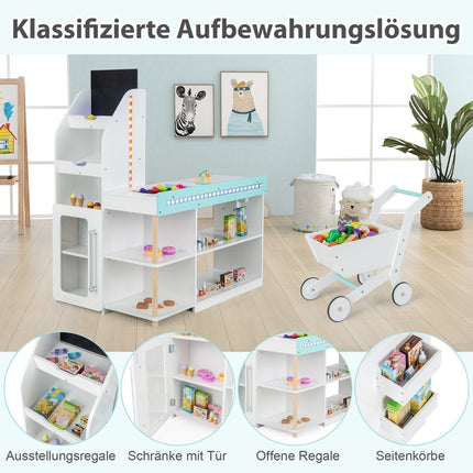 Wooden Supermarket Playset with Cart & Chalkboard