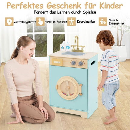 Wooden Toy Washing Machine with Detergent, Sink, and Accessories