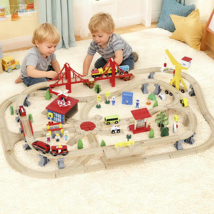 Wooden Train Set with Electric Locomotive, 133 Pieces