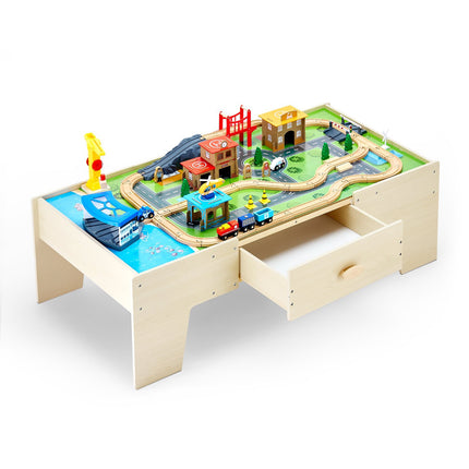 Wooden Train Table Set, 62-Piece, Reversible Top, Drawer