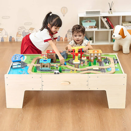 Wooden Train Table Set, 62-Piece, Reversible Top, Drawer