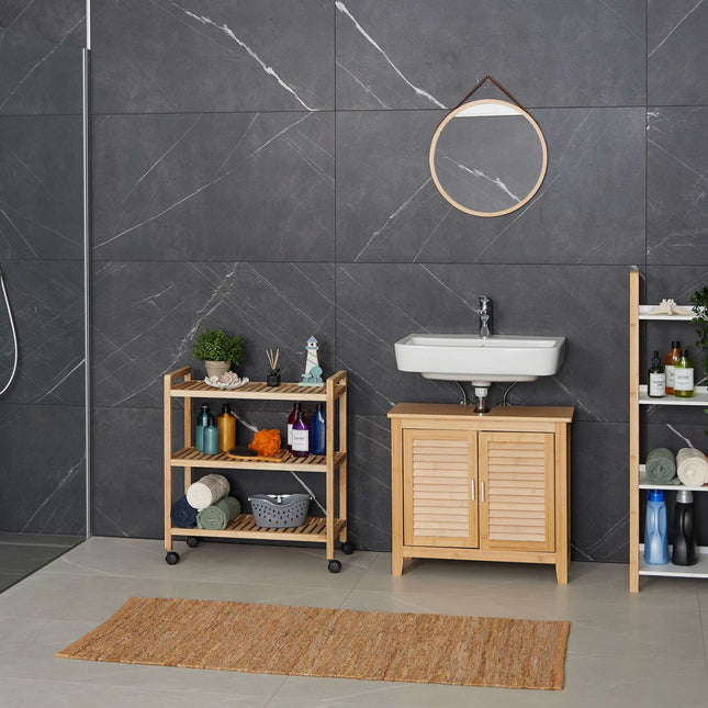 Wooden bathroom shelf with wheels