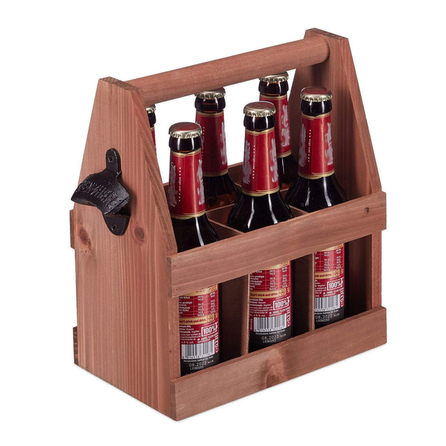 Dřevěný držák na pivo s otvírákem na lahve