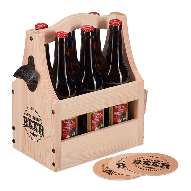 Dřevěný držák na pivo s otvírákem na lahve