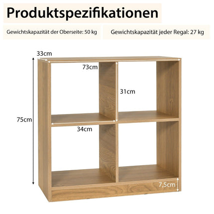 Dřevěná knihovna se 4 přihrádkami, kostkový regál a pojistka proti převrácení 73 x 33 x 73 cm přírodní