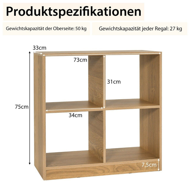 Dřevěná knihovna se 4 přihrádkami, kostkový regál a pojistka proti převrácení 73 x 33 x 73 cm přírodní