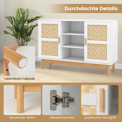 Dřevěný příborník kuchyňská skříňka se 2 bambusovými dvířky a 3 otevřenými policemi 120 x 35 x 78 cm přírodní + bílá