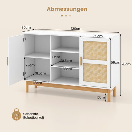 Dřevěný příborník kuchyňská skříňka se 2 bambusovými dvířky a 3 otevřenými policemi 120 x 35 x 78 cm přírodní + bílá
