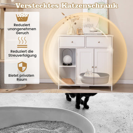 Wooden cat cabinet with 2 drawers & double doors & open compartments cat toilet