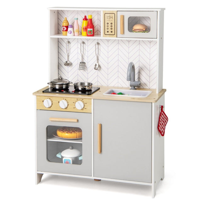 Wooden children's kitchen with microwave & stove & sink & oven play kitchen children's kitchen white