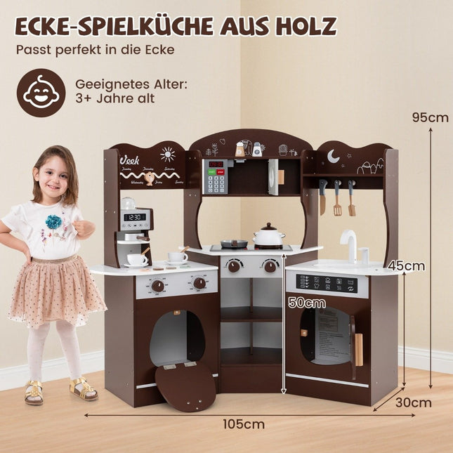 Wooden corner play kitchen with sound &amp; Light &amp; Coffee machine &amp; Slide Toddler Kitchen Playset Brown