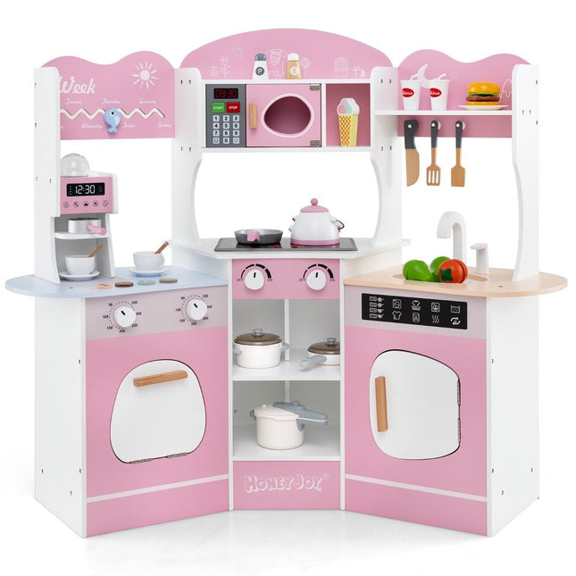Wooden corner play kitchen with sound &amp; Light &amp; Coffee machine &amp; Slide Toddler Kitchen Playset Pink