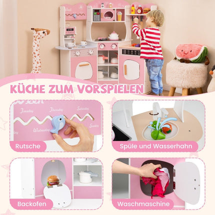 Dřevěná rohová dětská kuchyňka se zvukem, světlem, kávovarem a skluzavkou, herní set, růžová