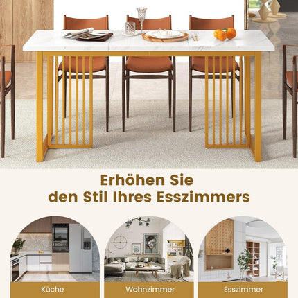 Dřevěný jídelní stůl 160 x 60 cm, obdélníkový kuchyňský stůl s mramorovým vzhledem a kovovými nohami, bílá + zlatá