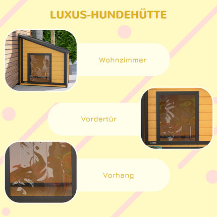 Outdoor weatherproof wooden dog house with roof and curtain