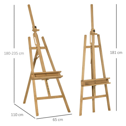 Adjustable wooden easel 180-235 cm with shelf and canvas holder