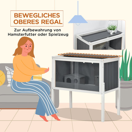 Dřevěná klec pro zakrslého křečka s domečky a příslušenstvím, 82cm