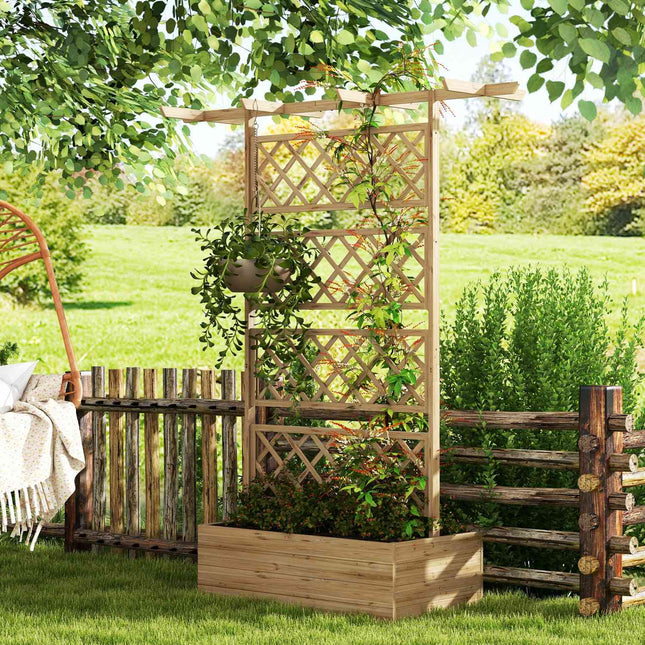 Houten verhoogd bed, tuinbed met dak, plantenbed met latwerk voor klimplanten, koudframe voor tuin, balkon, 160 x 55 x 183 cm natuurlijk hout