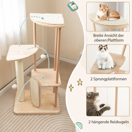 Wooden scratching post multi-story cat tower with scratching board sisal posts padded seat 59 x 47 x 112 cm beige