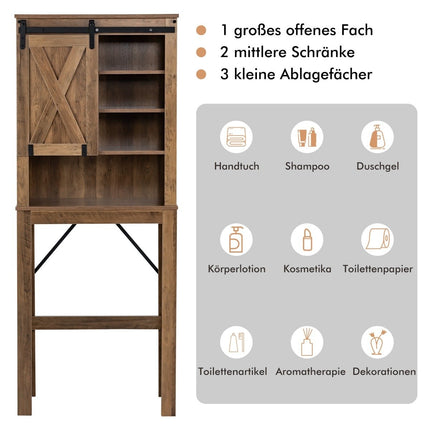 Wooden toilet cabinet with sliding door and 4-way adjustable shelves, brown