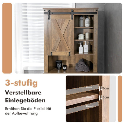 Wooden toilet cabinet with sliding door and 4-way adjustable shelves, brown