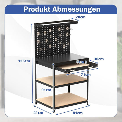 Workbench 81 x 41 cm 225 kg load capacity work table with perforated wall &amp; Drawers &amp; shelves black