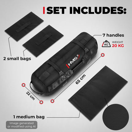Workout Sandbag Up to 20 kg with 7 Handles, Empty, 3 Inner Filling Bags, Nylon