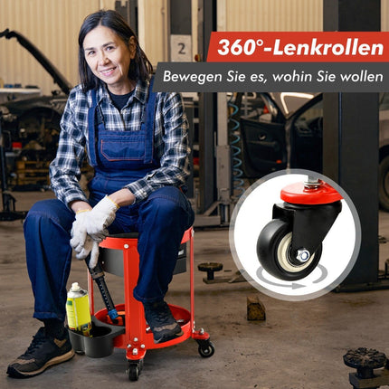 Dílenská stolička, nosnost 150 kg, dílenské sedátko se 2 zásuvkami a držákem na plechovku