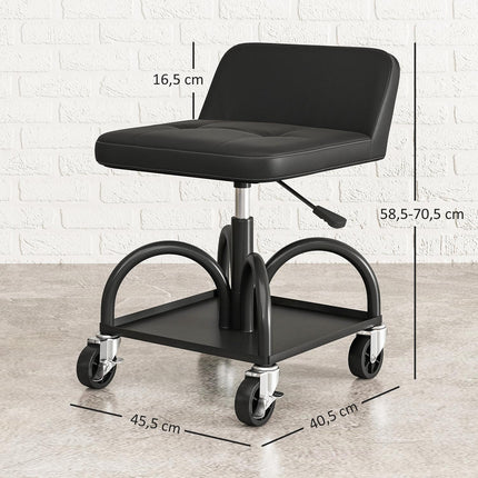 Workshop stool with castors, storage area, 58.5 cm high, rolling stool, load capacity up to 135 kg, black