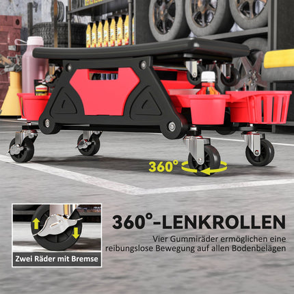 Dílenská stolička s odnímatelnými kolečky, sedátkem, úložným prostorem, výška 33 cm, pojízdná stolička, nosnost až 135 kg, červená